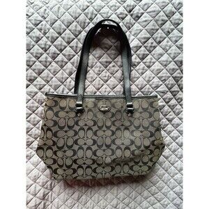 Coach Fiona Zip Top Tote Canvas Black/Walnut Bag Leather Accents/Silver Hardware